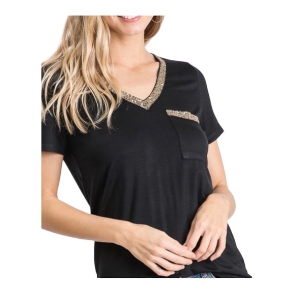 NWOT-PLUS SIZE-7TH ROY-BLACK & GOLD VNECK TOP-SIZE 2X - Picture 1 of 8